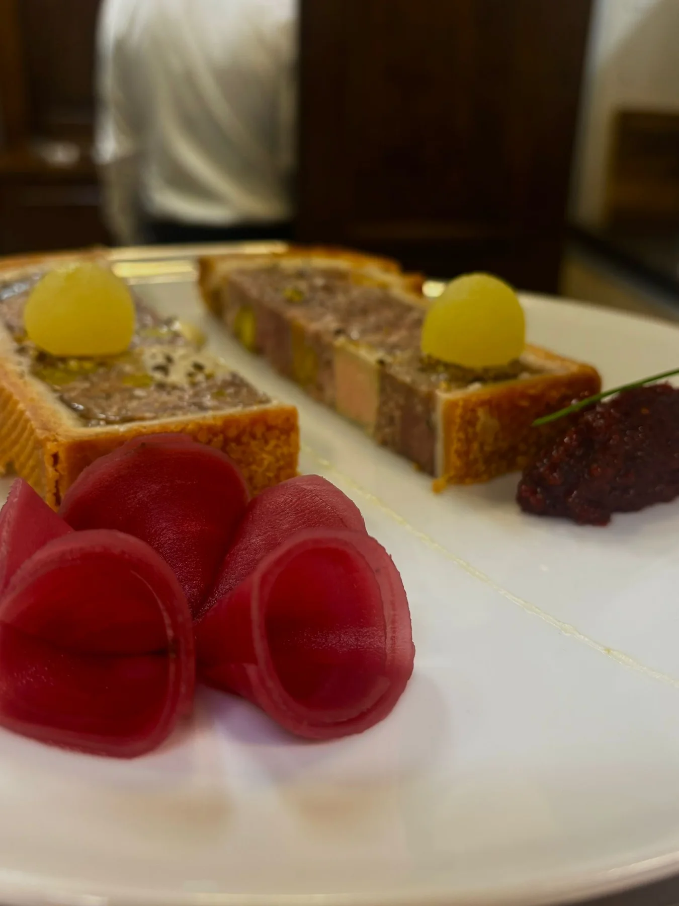 Pâté en croûte, fermented beetroot, sour cherry and fennel jam, apple.