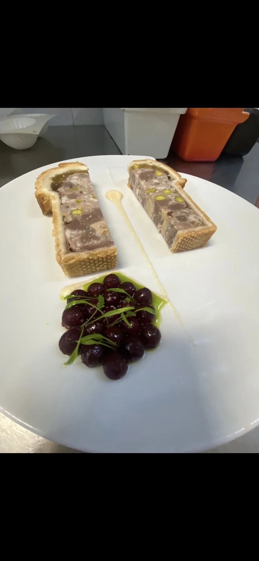 Pâté en croûte, cooked beetroot, basil oil.